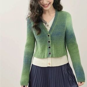 Gradient Green and Blue Ribbed Cardigan Sweater